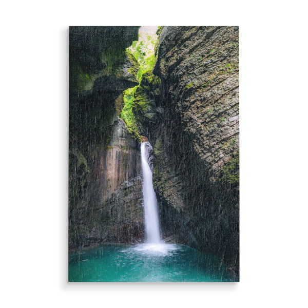Holzbild "Kozjak Wasserfall" artboxONE - Natur,Reise - Wasserfall,Natur,Landschaft,Slowenien,Reise,Wasser,Höhle,Felsen