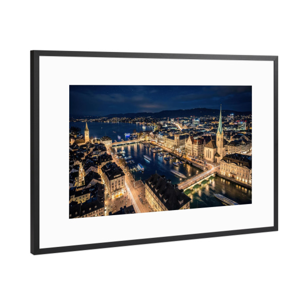 Poster mit Rahmen Schwarz (Metallic) "Stadt Zürich bei Nacht" artboxONE - Architektur,Städte / Zürich