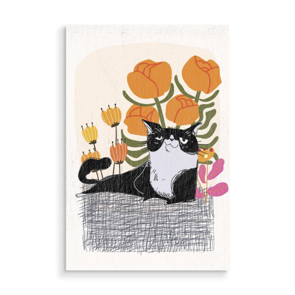 Holzbild "Katze mit leuchtenden Blumen" artboxONE - Tiere,Abstrakt - Katze,Blumen,Orange,Schwarz,Weiß,Natur,Faulenzen,Laub,Hell,Abstrakt