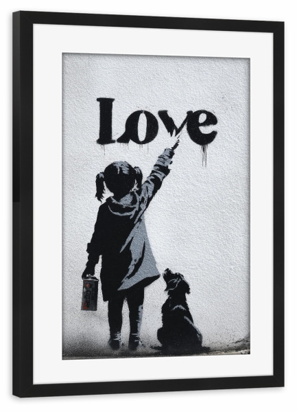 Poster mit Rahmen schwarz "Graffiti Mädchen Love" artboxONE - Schwarzweiß - Street-art,Graffiti,Mädchen,Hund,Liebe,Urban,Kunst,Modern,Schwarz-weiß