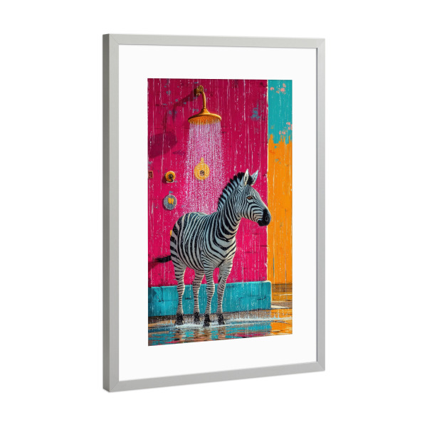 Poster mit Rahmen Silber "Zebra duscht" artboxONE - Tiere,Lustig - Zebra,Tier,Bad,Dusche,Illustration