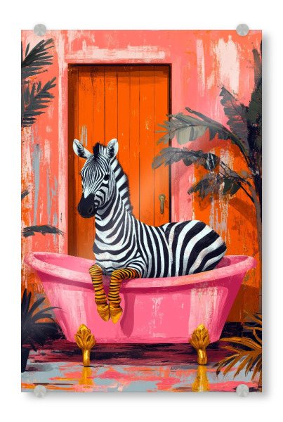 Acrylglasbild "Zebra in rosa Badewanne" artboxONE - Tiere,Lustig - Zebra,Tier,Dusche,Badewanne,Badezimmer,Lustig