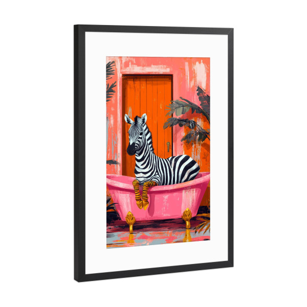 Poster mit Rahmen Schwarz (Metallic) "Zebra in rosa Badewanne" artboxONE - Tiere,Lustig - Zebra,Tier,Dusche,Badewanne,Badezimmer,Lustig