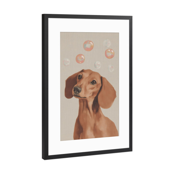 Poster mit Rahmen Schwarz (Metallic) "Dackel Träume mit Seifenblasen" artboxONE - Tiere,Lustig