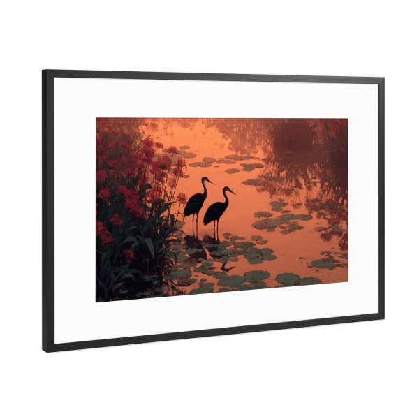 Poster mit Rahmen Schwarz (Metallic) "Reiher im Sonnenuntergang" artboxONE - Natur,Tiere
