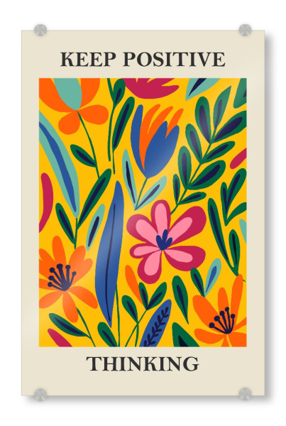 Acrylglasbild "Buntes Blumenmuster mit Zitat" artboxONE - Floral,Abstrakt - Floral,Blumen,Muster,Positiv,Zitat,Bunt,Lebendig,Blätter,Gelb