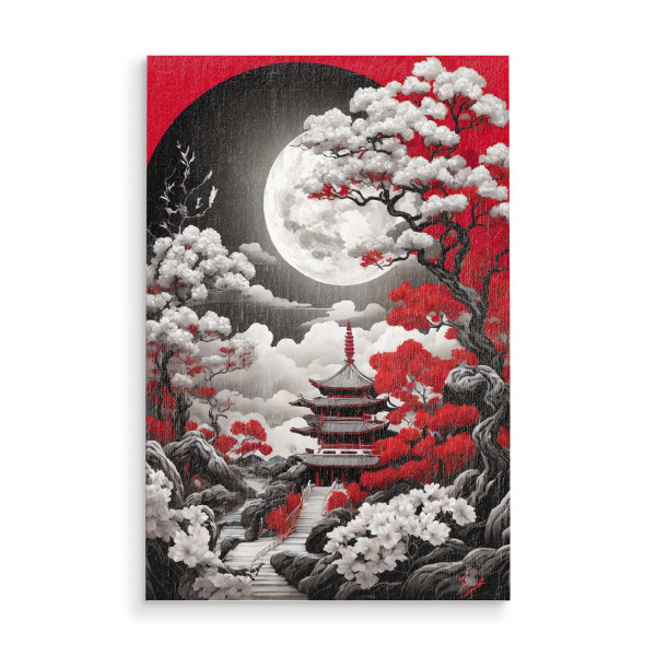 Holzbild "Full Moon Over Japanese Pagoda" artboxONE - Abstrakt,Reise / Asien - Mond,Pagode,Landschaft,Japanisch,Heiter,Nacht,Bäume,Rot,Weiß,Wolken