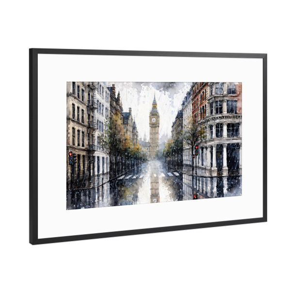 Poster mit Rahmen Schwarz (Metallic) "Big Ben im Regen" artboxONE - Städte / London,Abstrakt