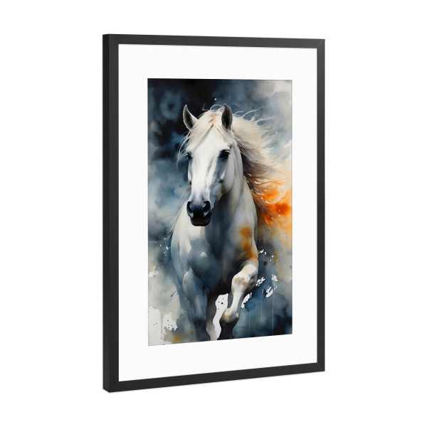 Poster mit Rahmen Schwarz (Metallic) "Weißes Pferd im Galopp" artboxONE - Tiere,Abstrakt