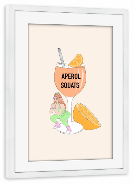 Poster mit Rahmen weiß "Aperol-Kniebeugen" artboxONE - Essen & Trinken,Essen & Trinken / Alkohol,Lustig - Aperol spritz,Fitnessstudio,Lustig