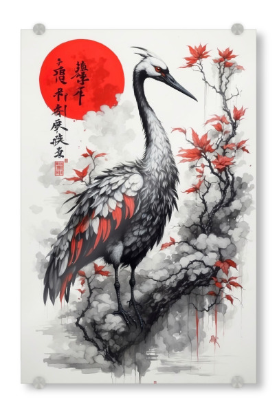 Acrylglasbild "Majestic Crane with Red Leaves" artboxONE - Tiere,Reise / Asien - Kranich,Vogel,Rote blätter,Zweige,Künstlerisch,Japan,Fuji,Tier