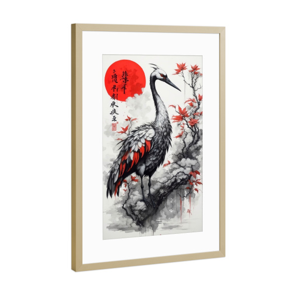 Poster mit Rahmen Gold "Majestic Crane with Red Leaves" artboxONE - Tiere,Reise / Asien