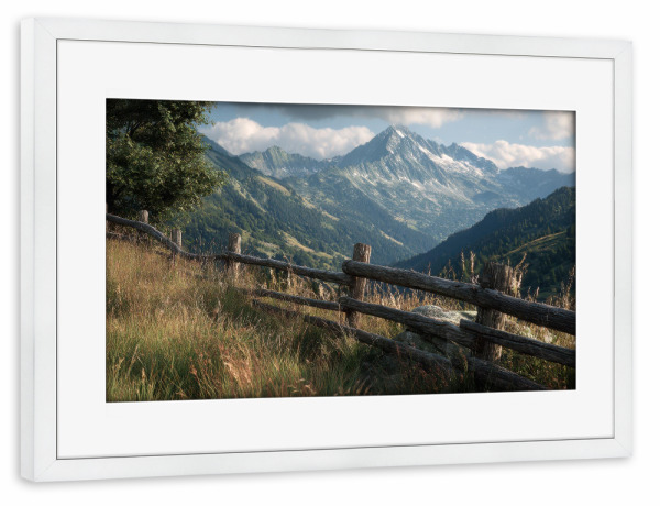 Poster mit Rahmen weiß "Alter Holzzaun Berge" artboxONE - Natur,Reise