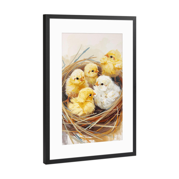 Poster mit Rahmen Schwarz (Metallic) "Küken im Nest" artboxONE - Tiere