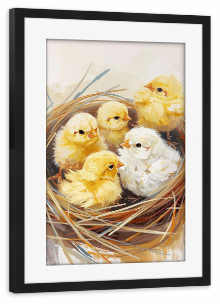 Poster mit Rahmen schwarz "Küken im Nest" artboxONE - Tiere - Nest,Geburt,Erwachen,Frühling,Vögel,Küken,Hühner,Flauschig,Gefider,Kükenbabies,Ostern