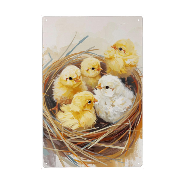 Holzbild "Küken im Nest" artboxONE - Tiere - Nest,Geburt,Erwachen,Frühling,Vögel,Küken,Hühner,Flauschig,Gefider,Kükenbabies,Ostern