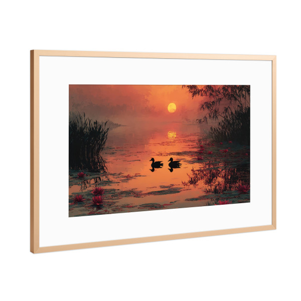 Poster mit Rahmen Kupfer "Sonnenuntergang mit Enten" artboxONE - Natur,Tiere