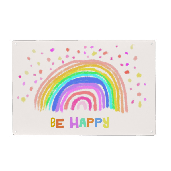Metall Poster "Be Happy (Rainbow)" artboxONE - Für Kinder - Regenbogen,Happy,Glücklich,Positiv,Illustration,Text,Bunt,Schön,Kinderzimmer