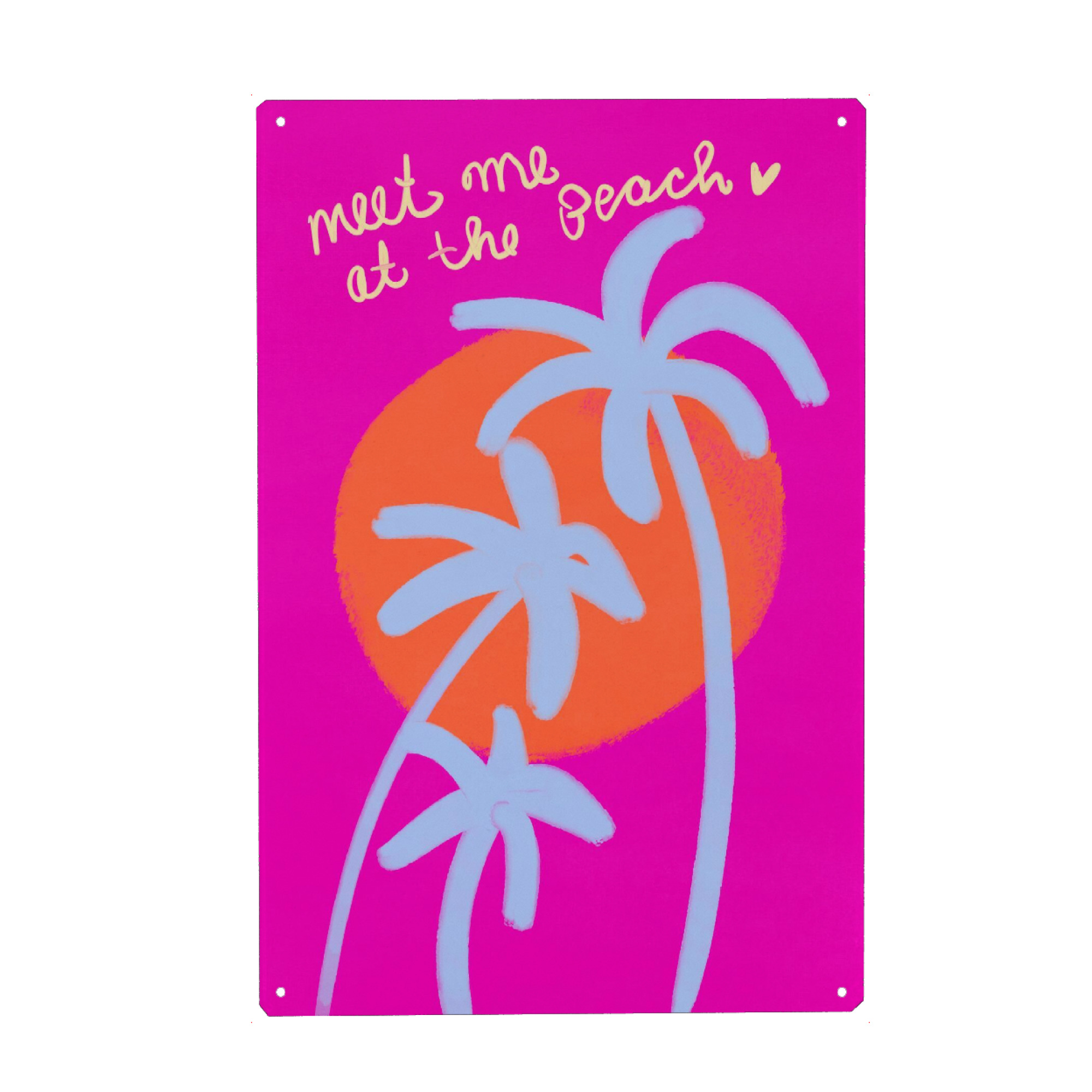 Metall Poster "Meet Me At The Beach" artboxONE - Reise,Abstrakt,Für Mama - Strand,Beach,Reise,Insel,Palmen,Neon,Pink,Illustration,Urlaub,Sonne,Sommer
