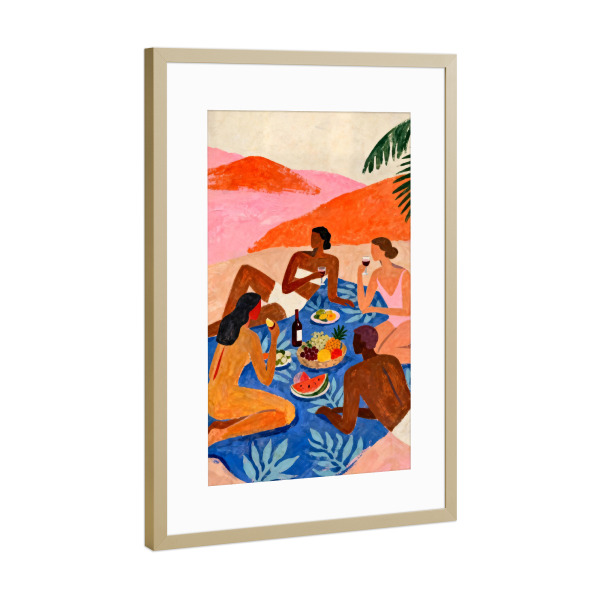 Poster mit Rahmen Gold "The Picnic" artboxONE - Floral,Menschen,Essen & Trinken / Alkohol