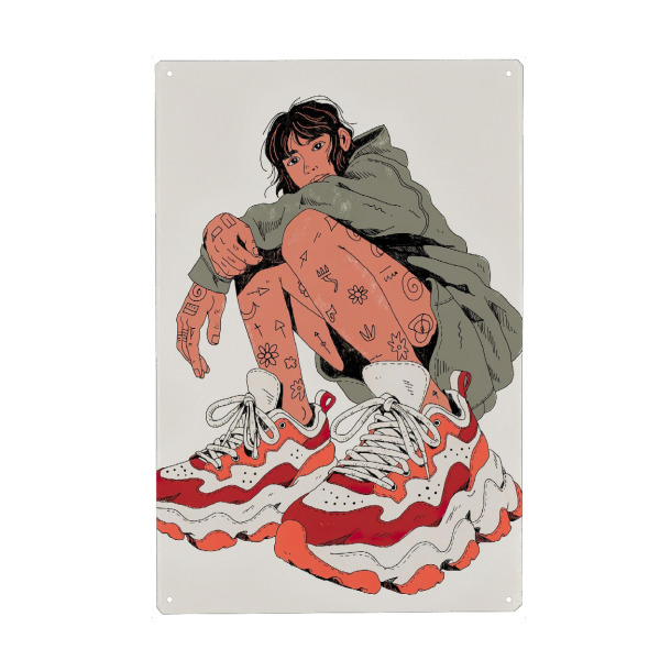 Metall Poster "Stylish Girl" artboxONE - Comic,Abstrakt,Fashion - Tätowierungen,Turnschuhe,Mode,Kapuzenpullover,Hockend,Bunt,Stil,Modern,Kunst,Schuhe