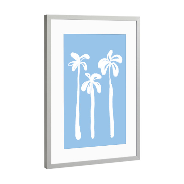 Poster mit Rahmen Silber "Palmen Am Strand (Blau)" artboxONE - Reise,Für Mama,Für Papa - Palme,Palmen,Strand,Reise,Urlaub,Hellblau,Illustration