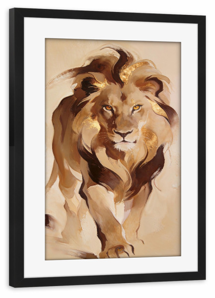 Poster mit Rahmen schwarz "Majestic Lion" artboxONE - Tiere,Abstrakt - Löwe,Majestätisch,Königlich,Gold,Mähne,Mächtig,Dynamisch,Tier,Tierwelt,Raubtier