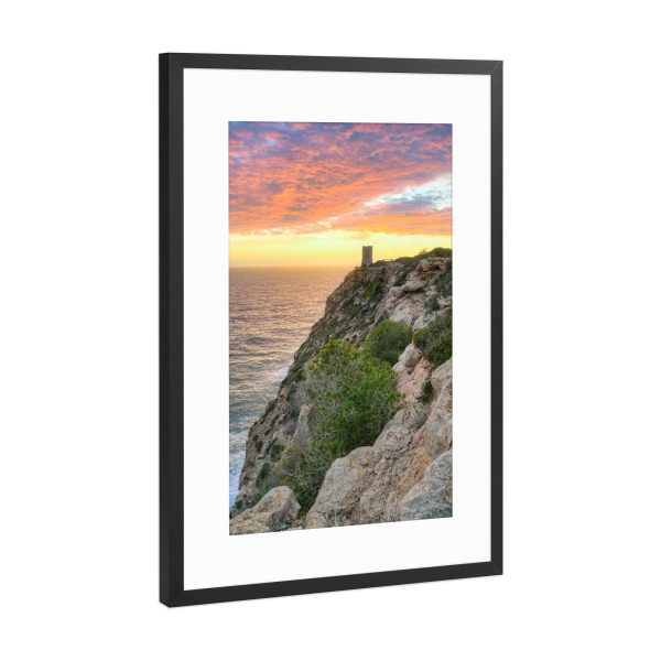 Poster mit Rahmen Schwarz (Metallic) "Wachturm am Cap Blanc auf Mallorca" artboxONE - Natur,Reise,Reise / Strand und Meer