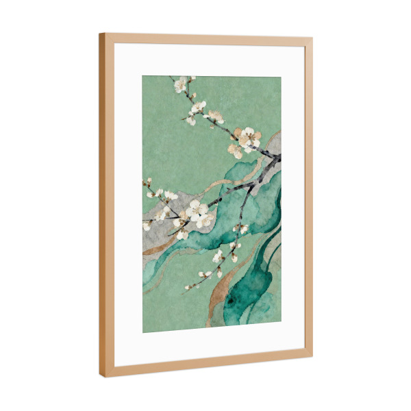 Poster mit Rahmen Kupfer "Blühender Zweig" artboxONE - Floral,Abstrakt - Kirschblüten,Grün,Zweig,Blumen,Natur,Ruhig,Organisch,Elegant