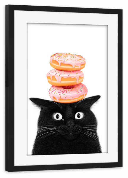 Poster mit Rahmen schwarz "Schwarze Katze mit Donuts" artboxONE - Für Kinder,Tiere,Essen & Trinken,Für Mama,Lustig