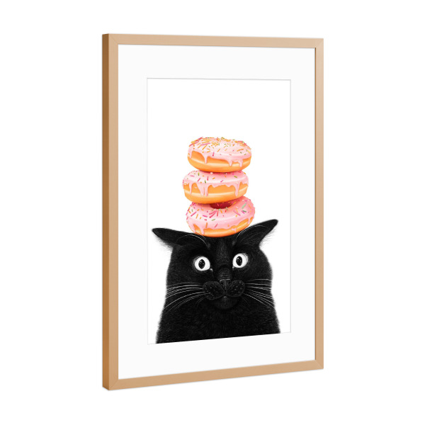 Poster mit Rahmen Kupfer "Schwarze Katze mit Donuts" artboxONE - Für Kinder,Tiere,Essen & Trinken,Für Mama,Lustig