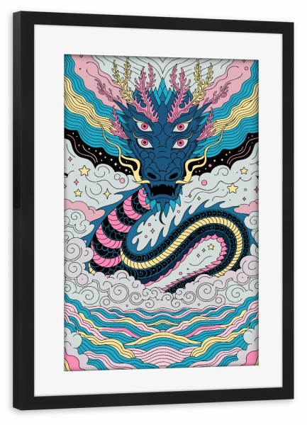 Poster mit Rahmen schwarz "Dreiäugiger Drache" artboxONE - Tiere,Abstrakt,Fiktion