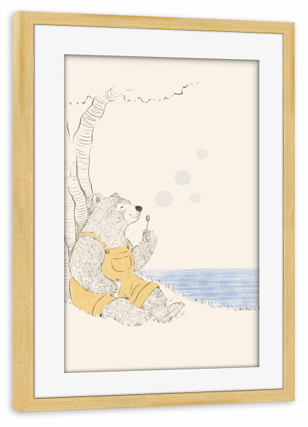 Poster mit Rahmen kiefer "Gelber Bär macht Blasen" artboxONE - Für Kinder,Tiere