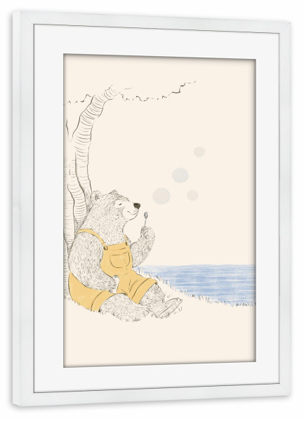 Poster mit Rahmen weiß "Gelber Bär macht Blasen" artboxONE - Für Kinder,Tiere