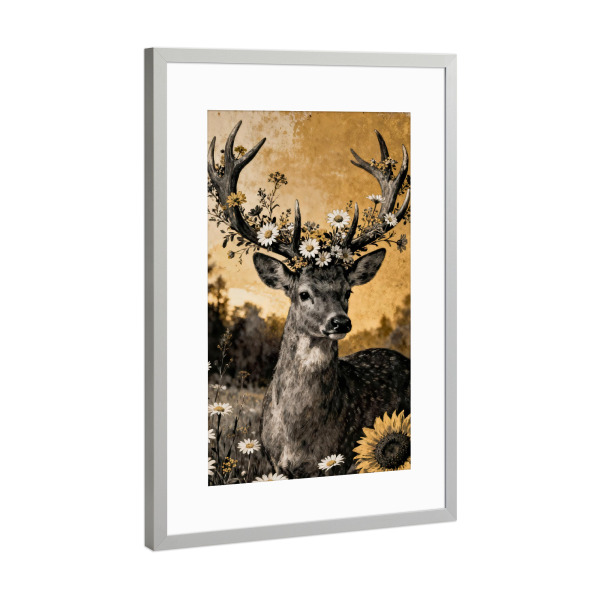 Poster mit Rahmen Silber "Hirsch mit Blumengeweih" artboxONE - Floral,Tiere,Abstrakt