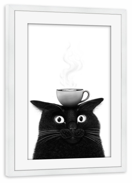 Poster mit Rahmen weiß "Schwarze Katze mit Kaffee" artboxONE - Tiere,Essen & Trinken,Liebe,Für Mama,Lustig