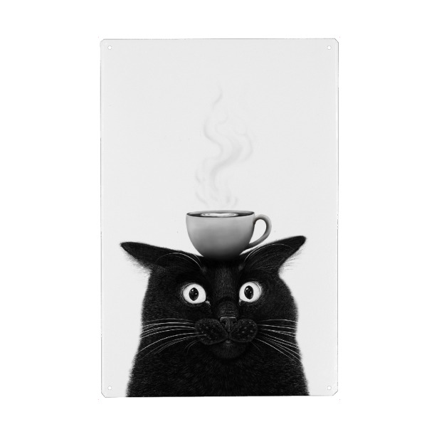 Holzbild "Schwarze Katze mit Kaffee" artboxONE - Tiere,Essen & Trinken,Liebe,Für Mama,Lustig