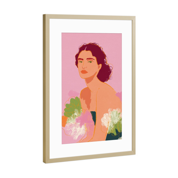 Poster mit Rahmen Gold "Träumerische Frau mit Blüten" artboxONE - Floral,Menschen,Fashion
