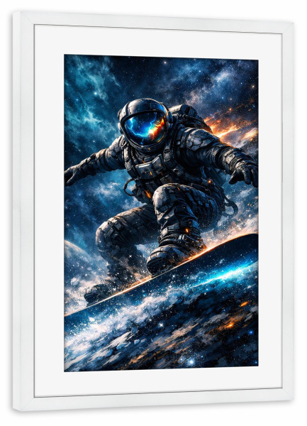 Poster mit Rahmen weiß "Astronaut surft durch den Weltraum" artboxONE - Abstrakt,Fiktion,Galaxy