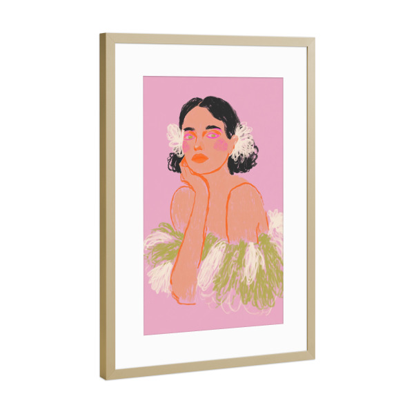 Poster mit Rahmen Gold "Poetische Frau mit Federkleid" artboxONE - Floral,Menschen,Fashion