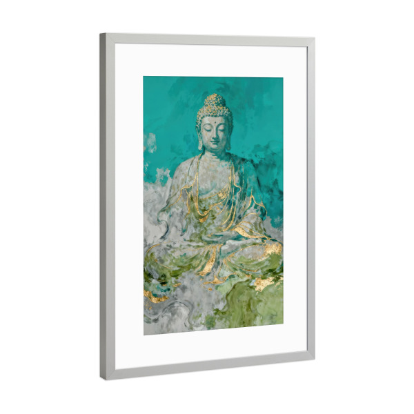 Poster mit Rahmen Silber "Serene Buddha in Gold and Teal" artboxONE - Abstrakt,Liebe,Fashion