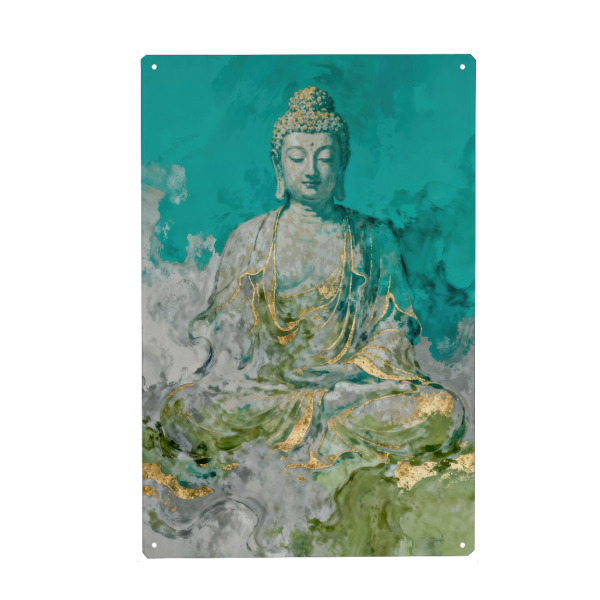 Holzbild "Serene Buddha in Gold and Teal" artboxONE - Abstrakt,Liebe,Fashion - Buddha,Heiter,Meditation,Gold,Blaugrün,Friedlich,Spirituell,Ruhig,Zen