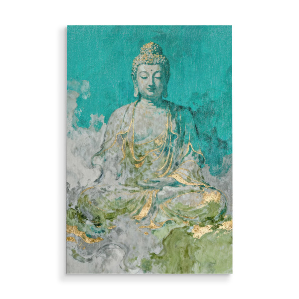 Holzbild "Serene Buddha in Gold and Teal" artboxONE - Abstrakt,Liebe,Fashion - Buddha,Heiter,Meditation,Gold,Blaugrün,Friedlich,Spirituell,Ruhig,Zen