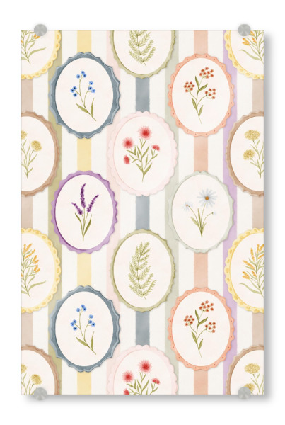 Acrylglasbild "Wildblumen-Galeriewand" artboxONE - Natur,Floral - Wildblumen,Galerie,Vintage,Rahmen,Blumen,Botanisch,Streifen,Tapete,Cottagecore