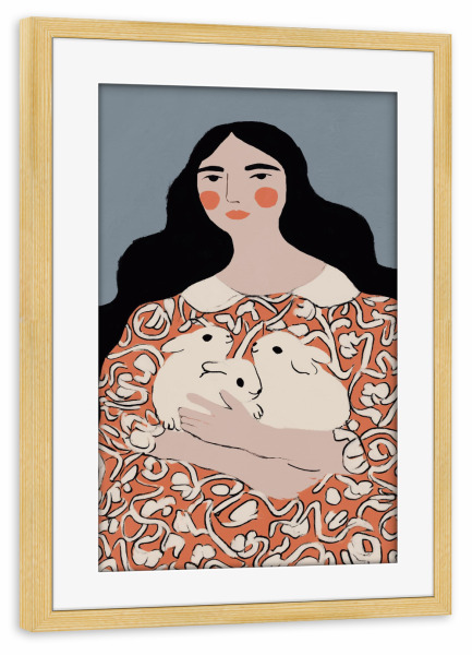 Poster mit Rahmen kiefer "Die Kaninchen Dame" artboxONE - Tiere,Menschen