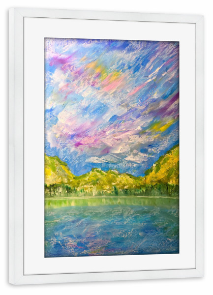 Poster mit Rahmen weiß "Kalte Morgen-Ölpastelle" artboxONE - Natur,Reise - Landschaft,Gemälde,ölpastell,ölgemälde,See,Himmel