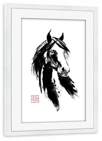 Poster mit Rahmen weiß "Black horse spots" artboxONE - Tiere,Schwarzweiß - Horse,Sumie,Japan