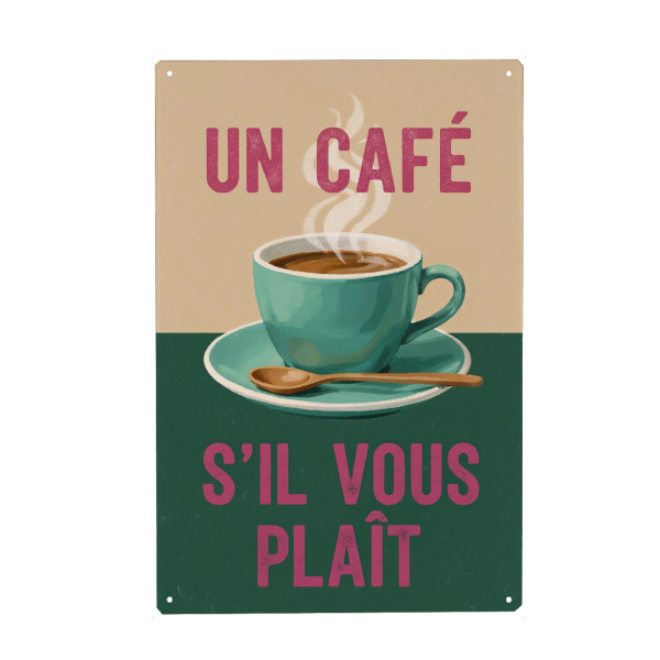 Metall Poster "Ein Caffee" artboxONE - Typografie - Kaffee,Tasse,Dampf,Französisch,Typografie,Türkis,Löffel,Café - Blechschild