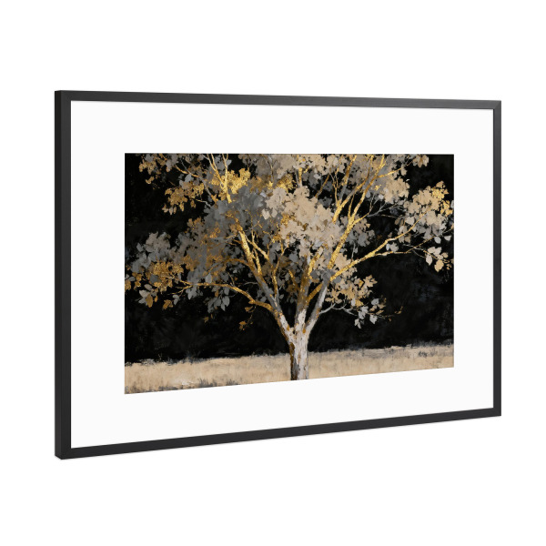 Poster mit Rahmen Schwarz (Metallic) "Goldener Baum auf einem Feld" artboxONE - Floral,Abstrakt,Fashion