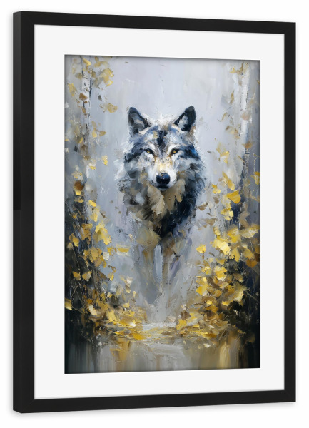 Poster mit Rahmen schwarz "Wolf Wald Golden (matart)" artboxONE - Tiere - Wolf,Wölfe,Tier,Tiere,Natur,Wild,Wald,Modern,Kunst